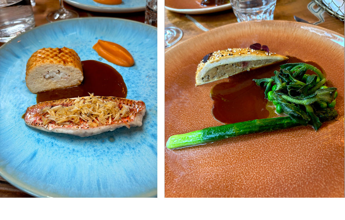 Rouget avec mouse de bar ; Volaille et foie gras